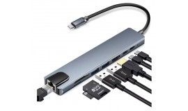 USB-хаб 8 в 1, Type-C - HDMI/HDTV+PD+USB-C+SD+TF+RJ45