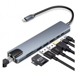 USB-хаб 8 в 1, Type-C - HDMI/HDTV+PD+USB-C+SD+TF+RJ45